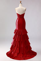 Load image into Gallery viewer, Red Satin Ruffled Mermaid Long Corset Prom Dress with Slit
