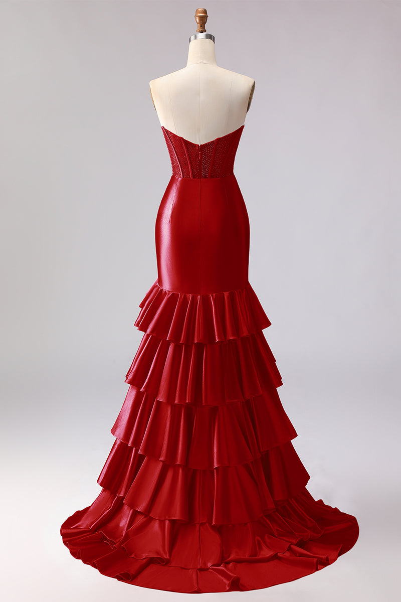 Load image into Gallery viewer, Red Satin Ruffled Mermaid Long Corset Prom Dress with Slit