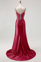 Load image into Gallery viewer, Sparkly Blush Mermaid Spaghetti Straps Satin Long Corset Prom Dress with Beading