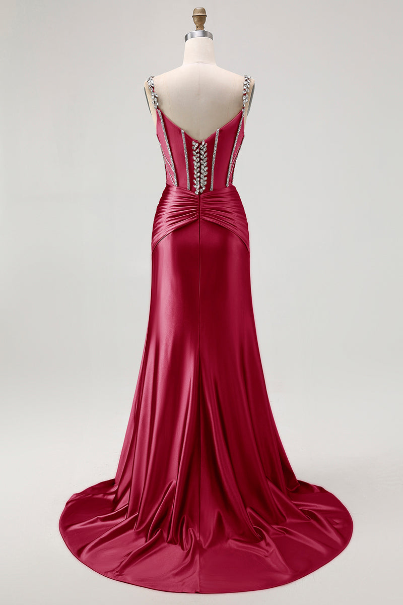 Load image into Gallery viewer, Sparkly Blush Mermaid Spaghetti Straps Satin Long Corset Prom Dress with Beading