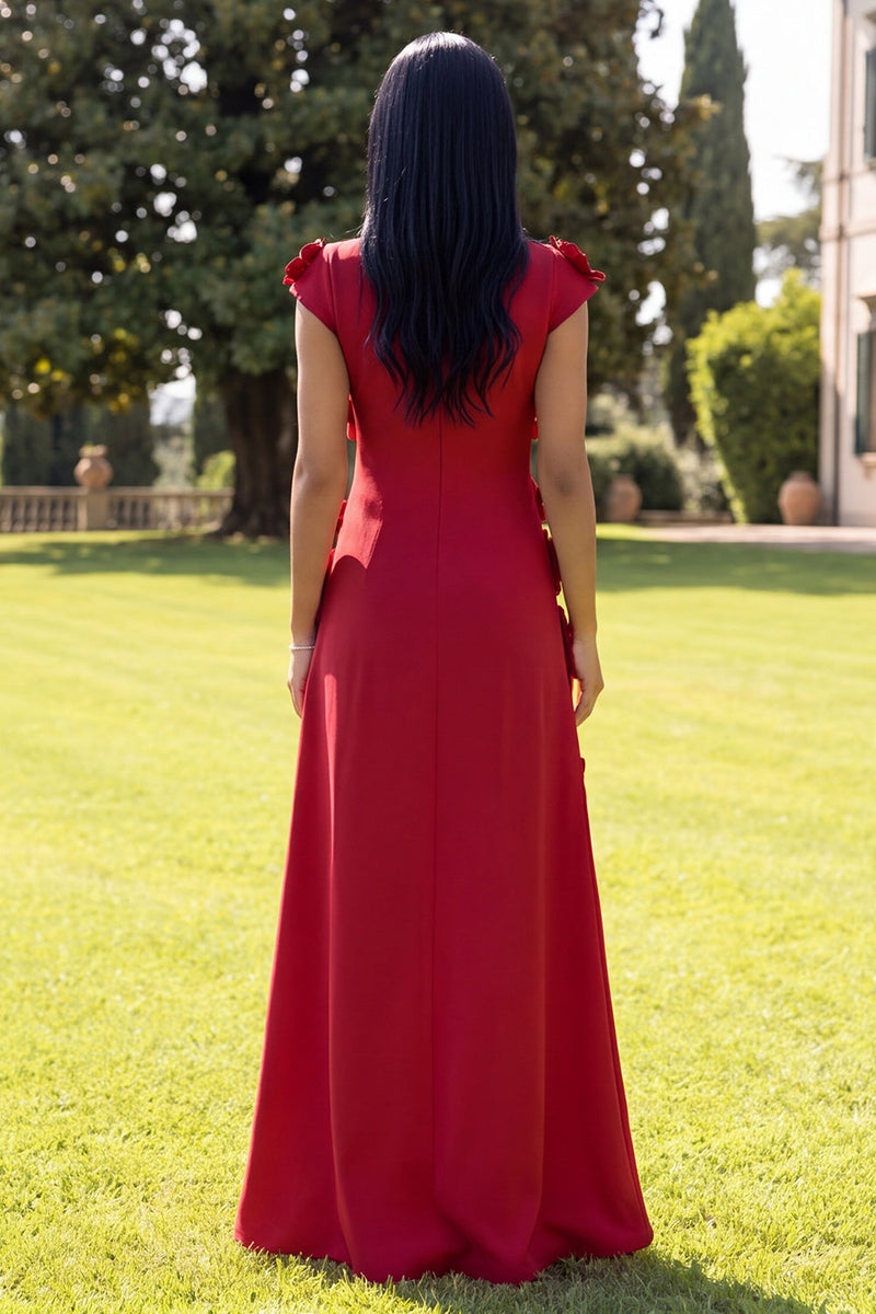 Load image into Gallery viewer, Black Floral A Line Round Neck Long Formal Dress with Sleeves