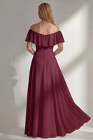 Load image into Gallery viewer, Off the Shoulder Ruffled A Line Burgundy Long Beach Wedding Guest Dress with Slit
