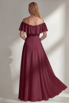 Off the Shoulder Ruffled A Line Burgundy Long Beach Wedding Guest Dress with Slit