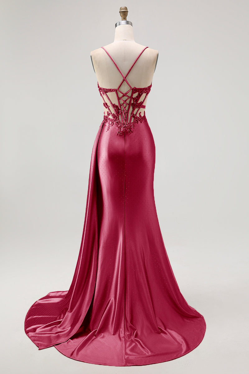Load image into Gallery viewer, Sparkly Champagne Mermaid Satin Spaghetti Straps Long Prom Dress with Beading
