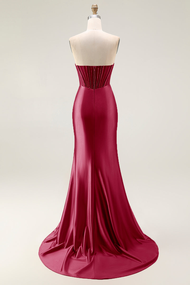 Load image into Gallery viewer, Sparkly Blush Strapless Mermaid Ruched Long Prom Dress with Slit