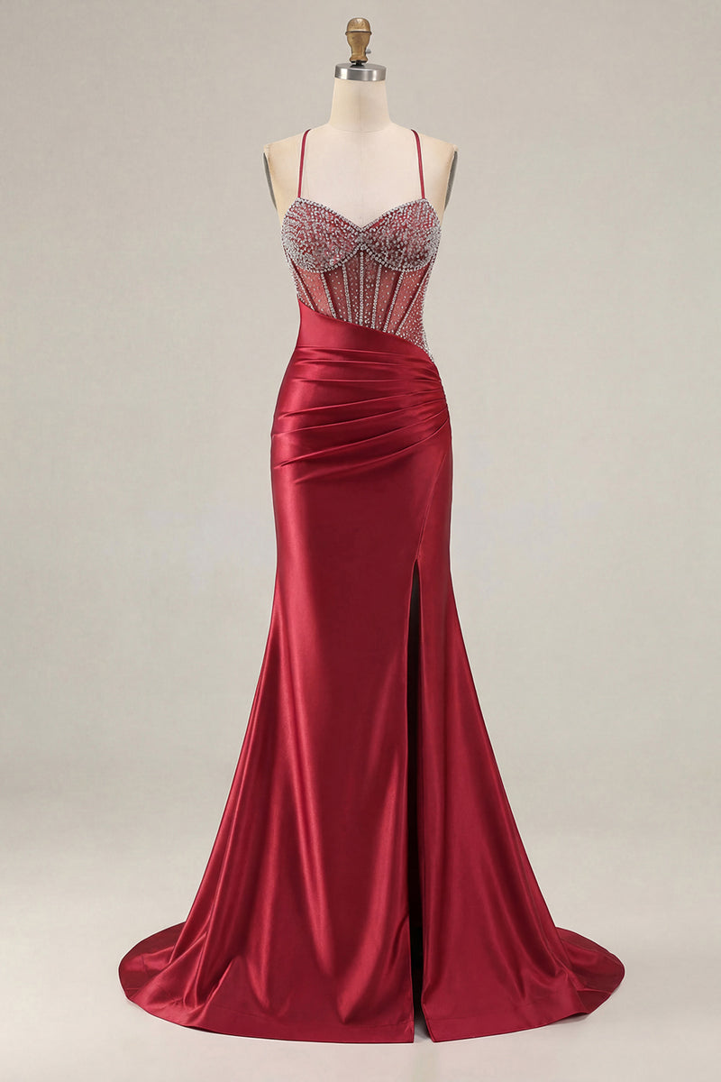 Load image into Gallery viewer, Sparkly Pink Mermaid Long Corset Prom Dress with Slit