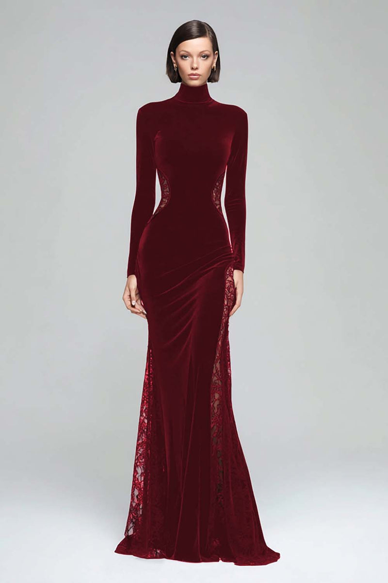 Load image into Gallery viewer, Black Velvet Mermaid High Neck Maxi Formal Dress with Lace