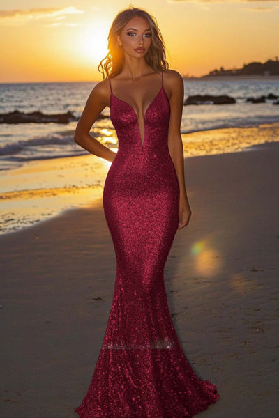 Women Sparkly Burgundy Sequin Formal Dress Mermaid Strapless Backless Long Gala Ball Dress