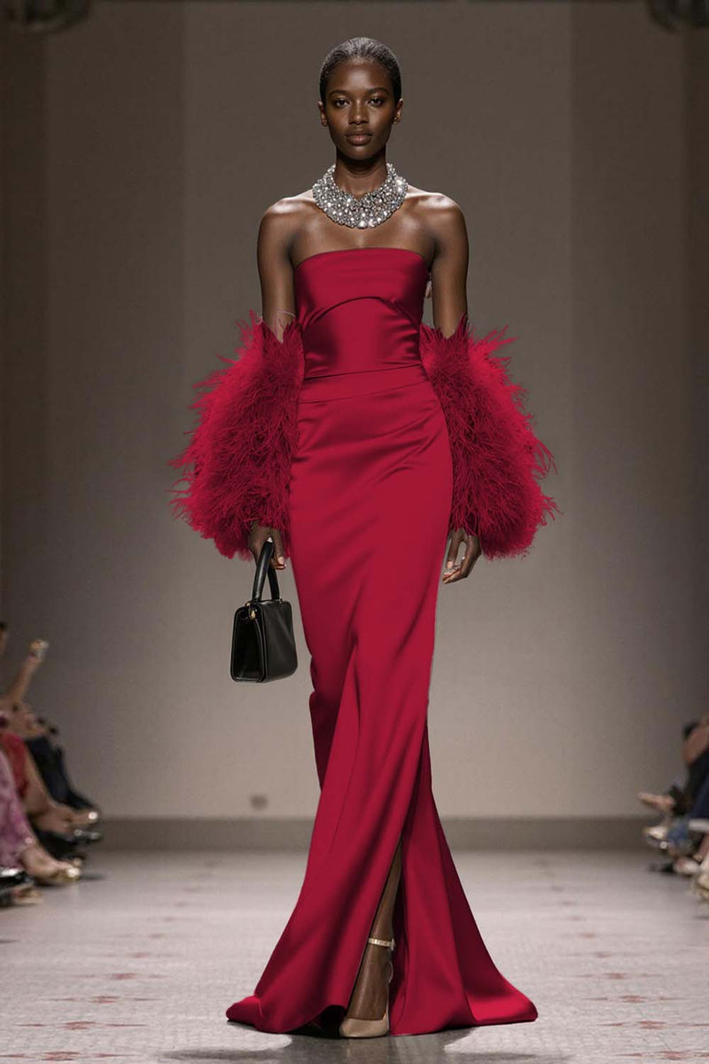 Load image into Gallery viewer, Silver Satin Mermaid Strapless Long Formal Dress with Slit