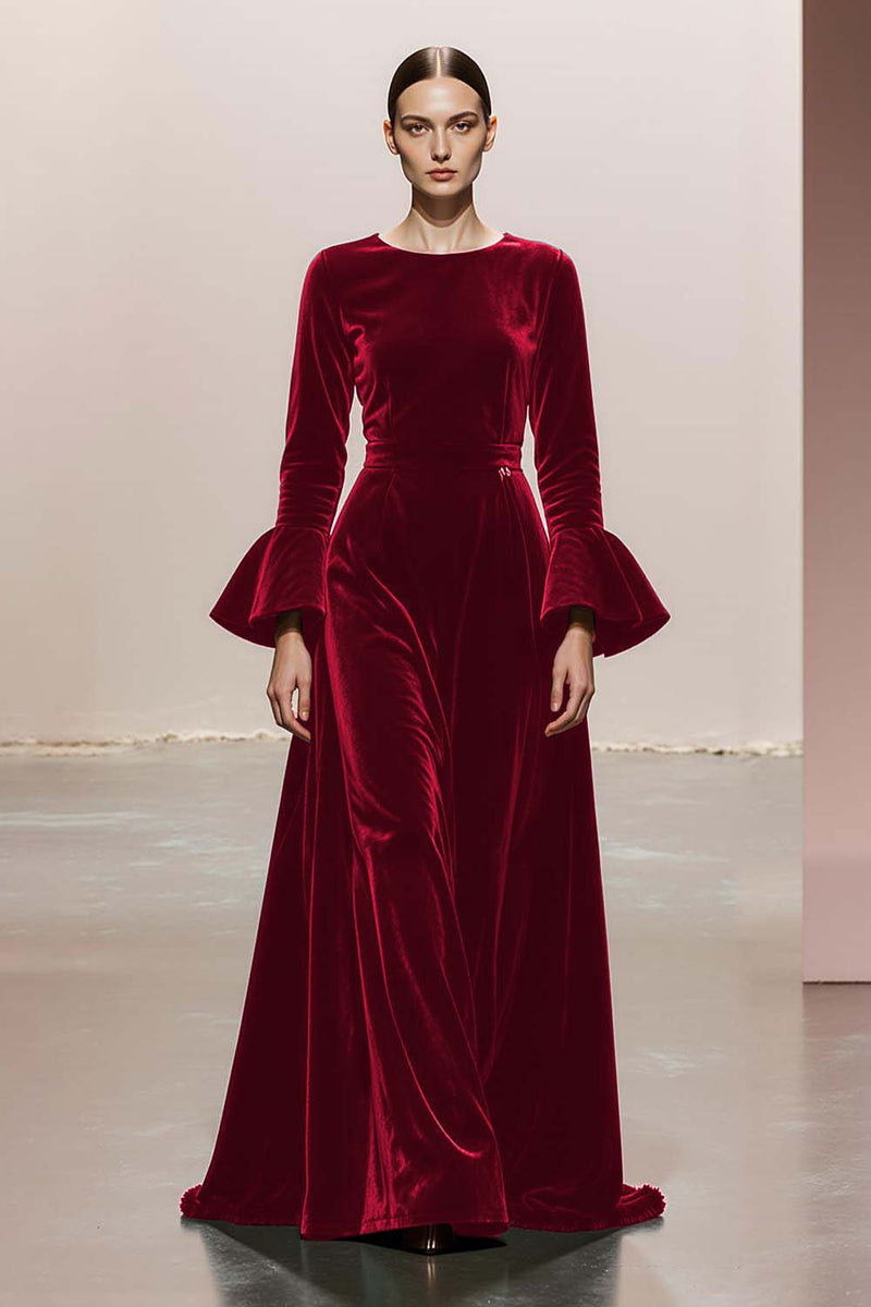 Load image into Gallery viewer, Dark Green Round Neck A Line Velvet Long Formal Dress with Sleeves