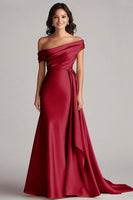 Load image into Gallery viewer, Women Burgundy Satin Formal Dress with Side Cape Mermaid Off the Shoulder Ruched Sweep Train Gala Ball Dress