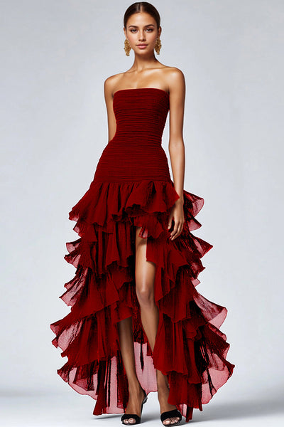 Women Red Tulle Formal Dress with Slit A Line Tiered Black Tie Dress High-Low Ankle Length Strapless Long Gala Dress