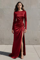 Load image into Gallery viewer, Olive Boat Neck Mermaid Long Sleeves Satin Evening Dress with Slit