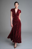 Load image into Gallery viewer, Caramel Velvet Ruched V Neck Long Holiday Party Dress with Sleeves