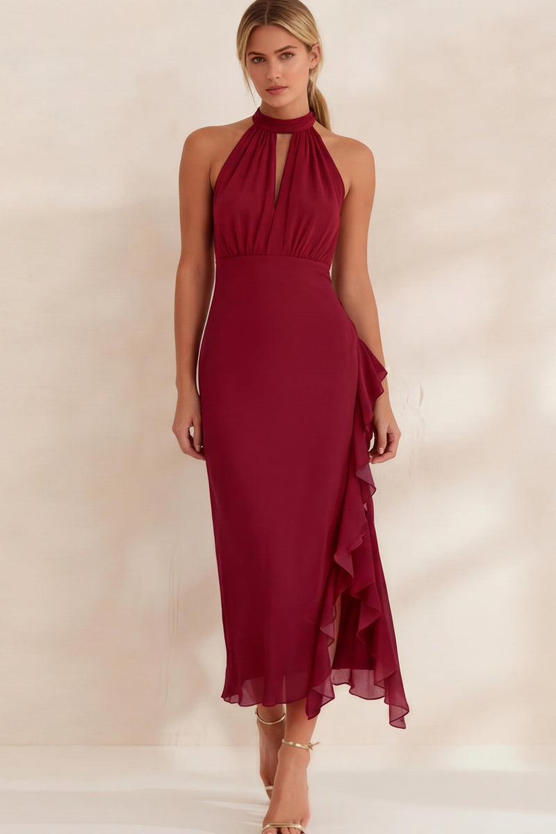 Load image into Gallery viewer, Navy Chiffon Ruffled Halter Ankle Length Work Dress with Slit