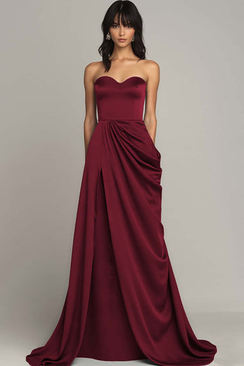 Peacock Satin A Line Strapless Maxi Formal Dress with Slit