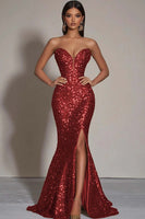 Load image into Gallery viewer, Women Sparkly Burgundy Sequins Formal Dress with Slit Strapless Mermaid Sweetheart Long Party Dress