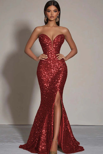Sparkly Strapless Gold Mermaid Long Sequins Formal Dress with Slit