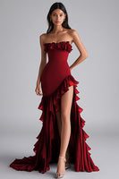 Load image into Gallery viewer, Strapless Black Tiered Long Chiffon Formal Dress with Slit
