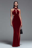 Load image into Gallery viewer, Dark Green Cut Out Mermaid Velvet Long Holiday Party Dress with Slit