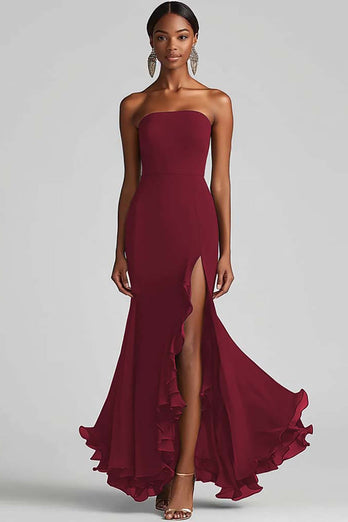 Royal Blue Strapless Sheath Maxi Chiffon Formal Dress with Slit