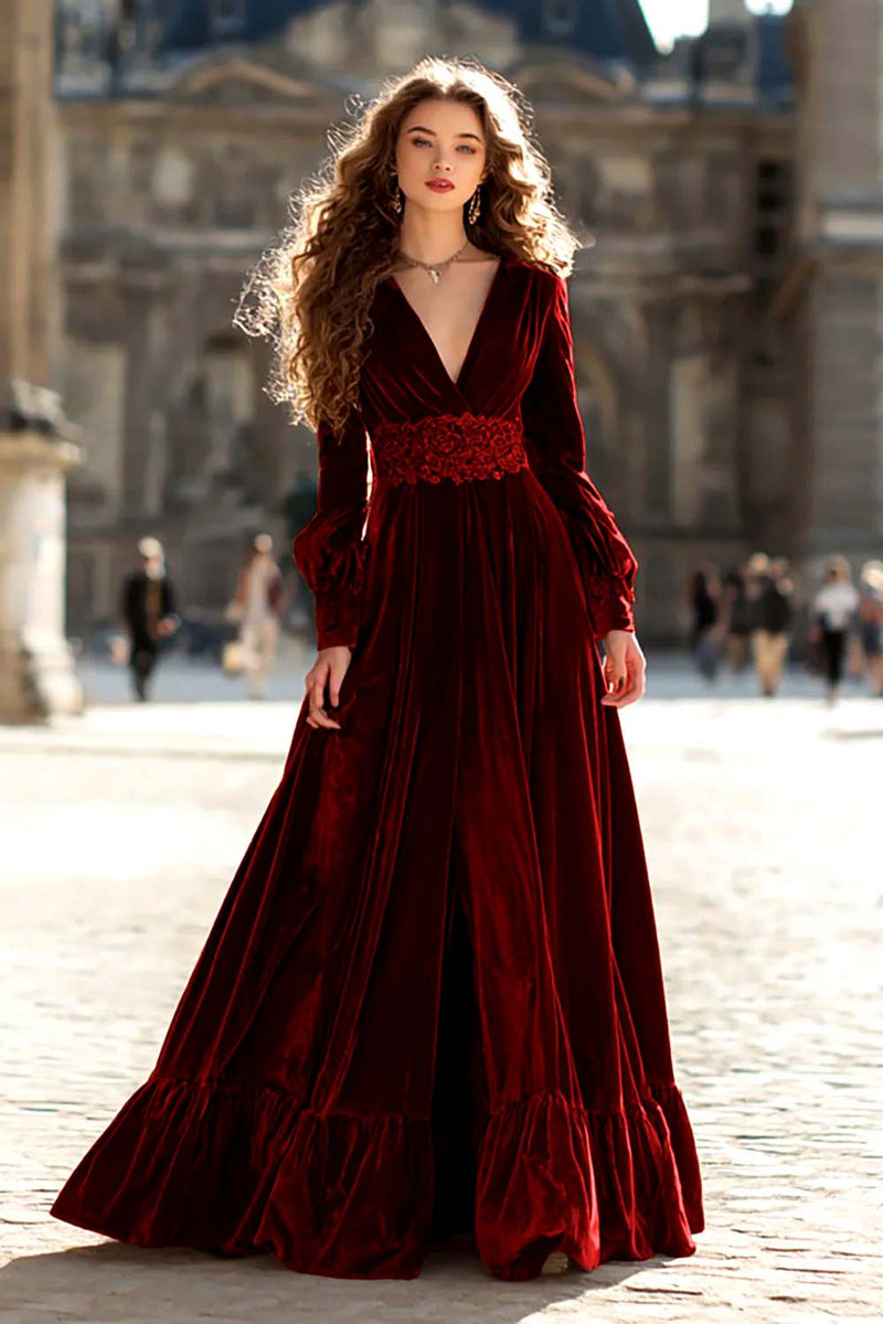 Load image into Gallery viewer, Brown A Line Maxi Velvet Holiday Party Dress with Sleeves