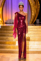 Load image into Gallery viewer, Sparkly Dark Green One Shoulder Long Sequin Pageant Dress with Slit