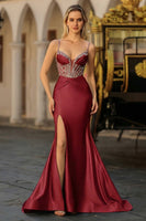 Load image into Gallery viewer, Plus Size Sparkly Dusty Blue Satin Beaded Long Corset Prom Dress with Slit