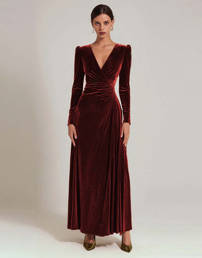 Olive A Line V-Neck Velvet Long Holiday Party Dress with Sleeves