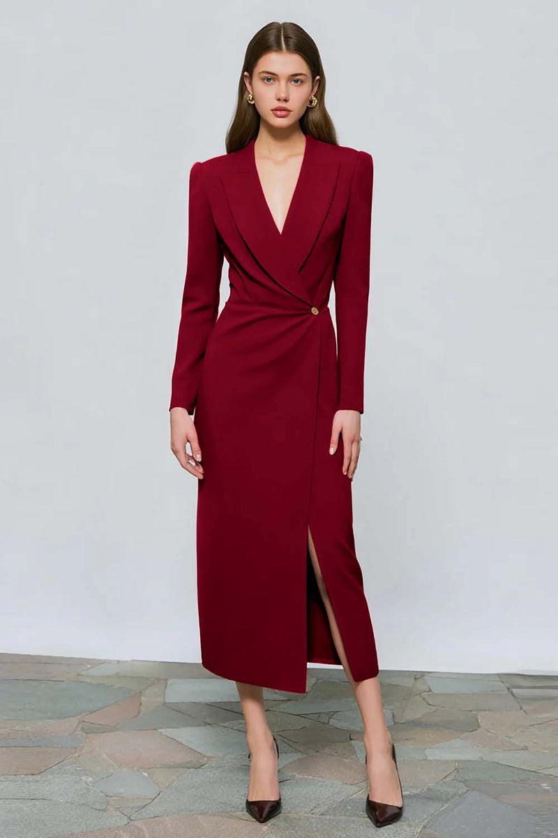 Load image into Gallery viewer, Red Peak Lapel One Button Ruched Midi Blazer Dress with Slit