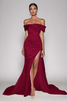 Load image into Gallery viewer, Champagne Sheath Off the Shoulder Satin Long Prom Dress with Slit