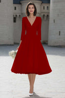 Load image into Gallery viewer, Ivory A Line V-Neck Midi Wedding Dress with Sleeves