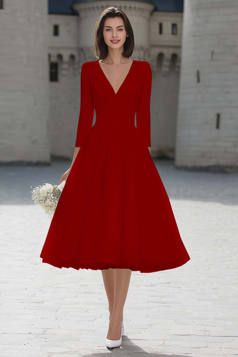 Load image into Gallery viewer, Ivory A Line V-Neck Midi Wedding Dress with Sleeves