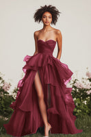 Load image into Gallery viewer, Navy Strapless Ruched Tiered Long Formal Dress with Slit