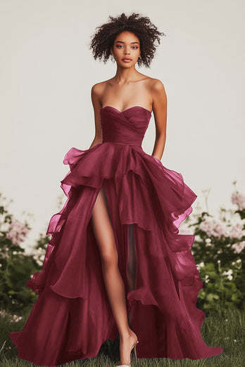 Navy Strapless Ruched Tiered Long Formal Dress with Slit