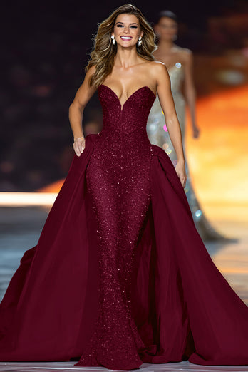 Sparkly Dark Red Sequin Strapless Long Pageant Dress with Cape