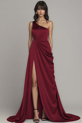 Black One Shoulder A Line Satin Maxi Formal Dress with Slit