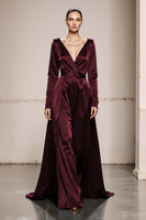 Load image into Gallery viewer, Peacock Green Satin V-Neck A Line Long Formal Dress with Sleeves