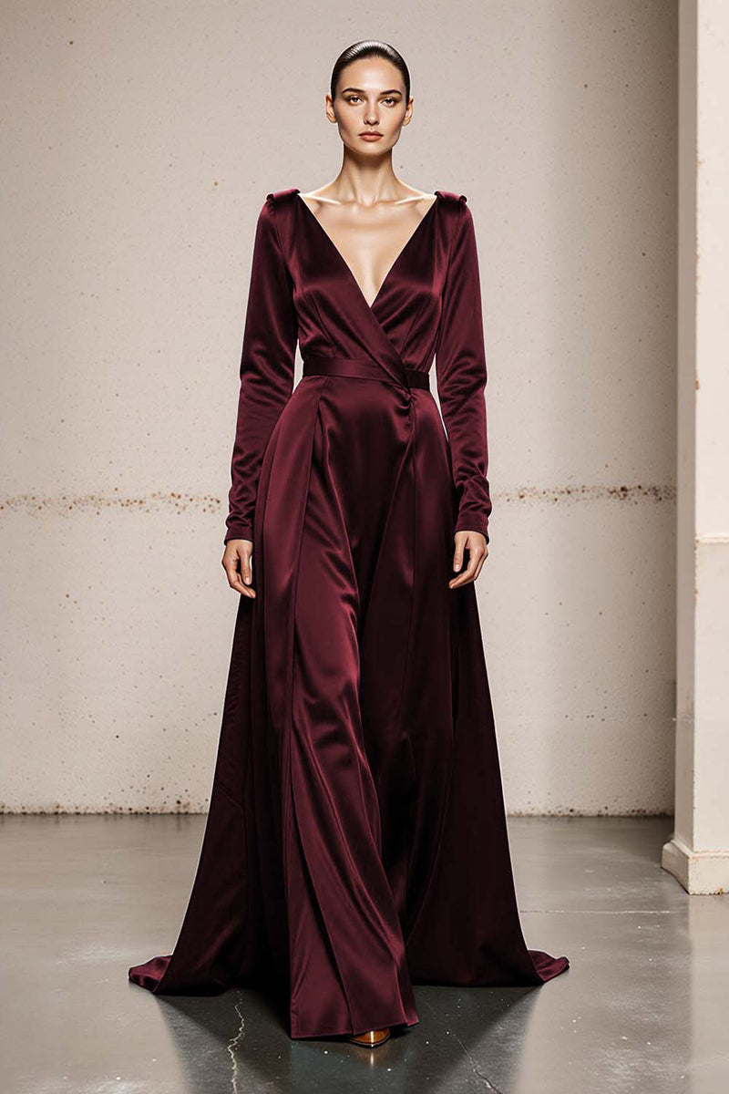 Load image into Gallery viewer, Peacock Green Satin V-Neck A Line Long Formal Dress with Sleeves