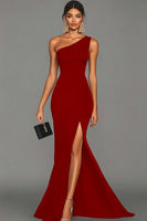 Load image into Gallery viewer, Dark Green Satin One Shoulder Mermaid Long Formal Dress with Slit