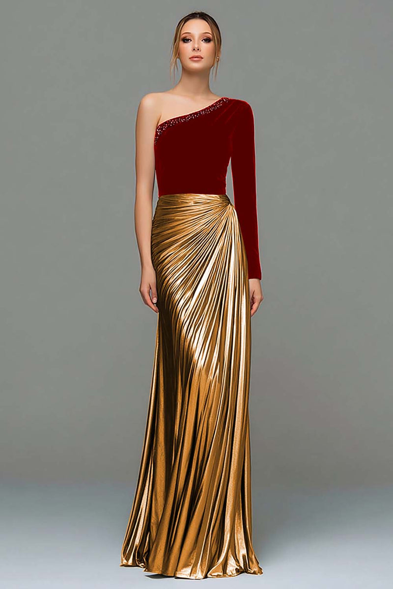 Load image into Gallery viewer, Sparkly Black and Grey One Shoulder Metallic Long Holiday Party Dress