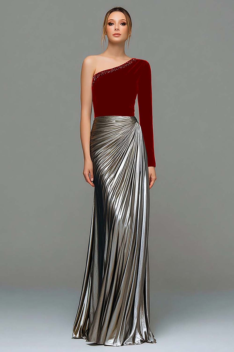 Load image into Gallery viewer, Sparkly Black and Grey One Shoulder Metallic Long Holiday Party Dress