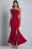 Load image into Gallery viewer, Navy Satin Off the Shoulder Sheath Long Formal Dress with Slit
