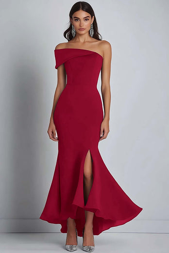 Navy Satin Off the Shoulder Sheath Long Formal Dress with Slit