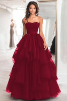 Load image into Gallery viewer, Black Strapless Tulle Tiered Floor Length Prom Dress