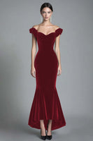 Load image into Gallery viewer, Black Off the Shoulder Asymmetrical Velvet Long Formal Dress
