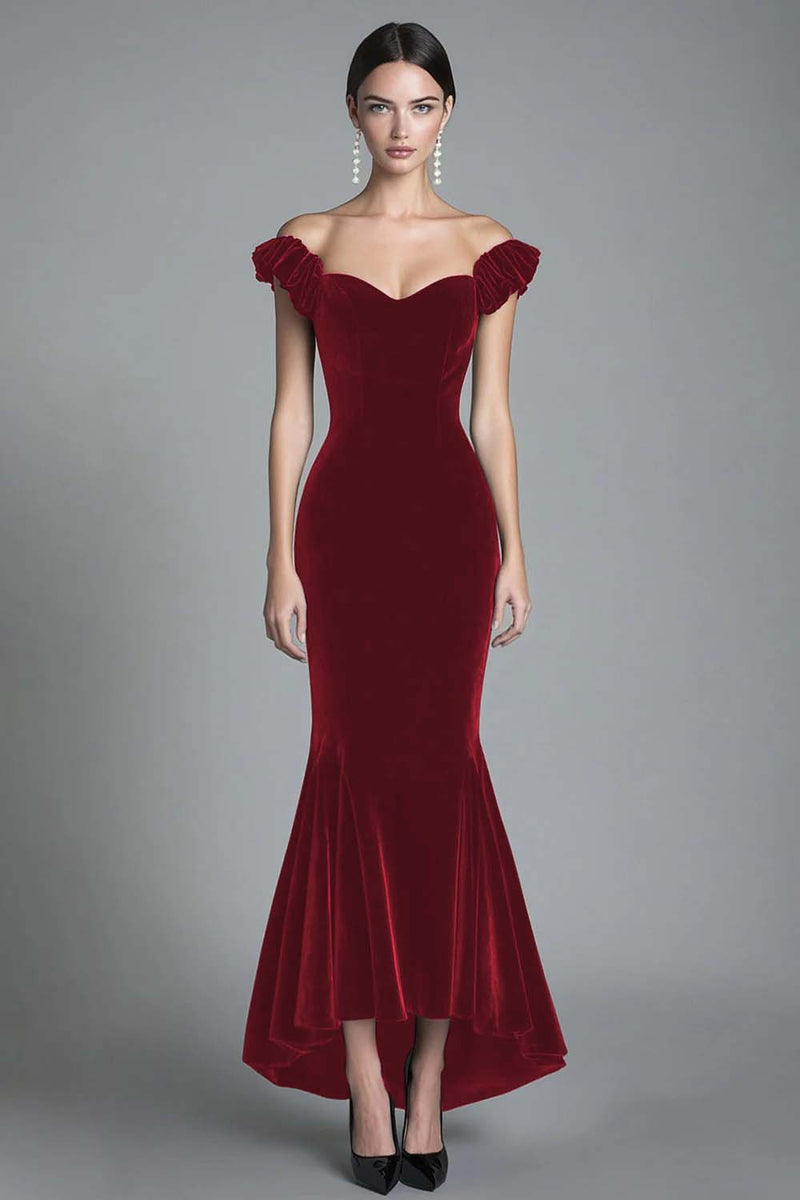 Load image into Gallery viewer, Black Off the Shoulder Asymmetrical Velvet Long Formal Dress