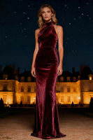 Load image into Gallery viewer, Purple Halter Neck Mermaid Long Velvet Holiday Party Dress