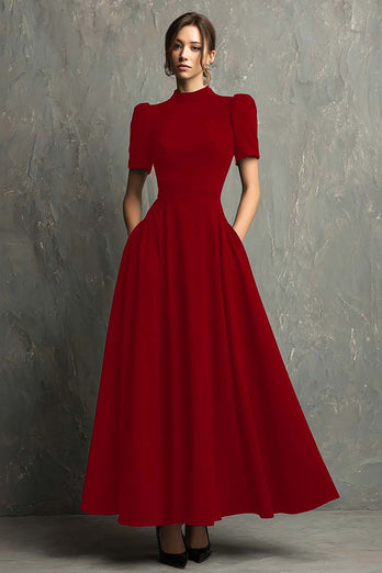 Black Short Sleeves A-Line High Neck Long Formal Dress with Pockets