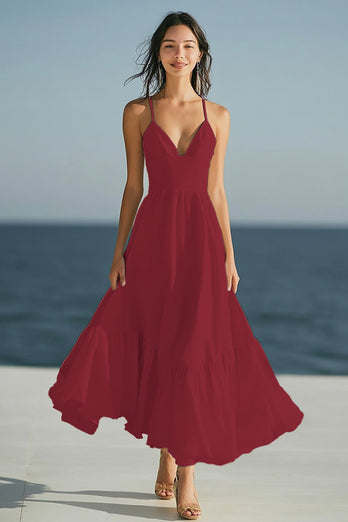 Simple Ivory Spaghetti Straps Ruffled Beach Maxi Engagement Dress